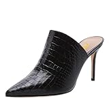 FSJ Women Slip On Closed Pointed Toe Mules Slide Sandals Stiletto High Heels Classic Shoes Size 8 US Black Alligator