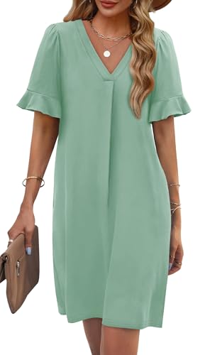 Image of OFEEFAN Summer Dresses for Women Ruffle Short Sleeve V Neck Casual Shift Dress with Pockets