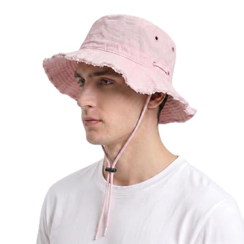 Image of YANFALE Bucket Hat, Sun Hats for Men Women, Wide Brim Frayed Edge Design, Packable and Adjustable Chin Strap for Fishing Hiking Beach Garden (Pink)