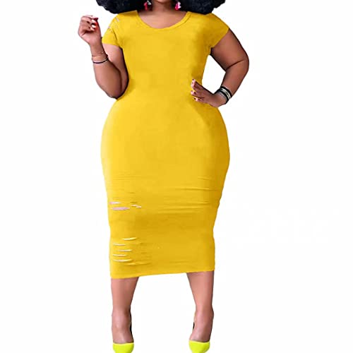 IyMoo Plus Size Summer Maxi Dresses for Women Casual - Short Sleeve Crew Neck T-Shirt Bodycon Ripped Tunic Beach Long Maxi Dress 218 Yellow 4XL