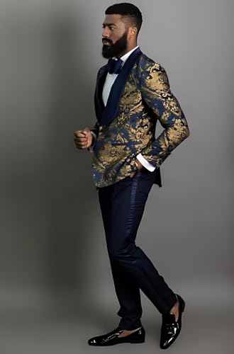 Prom Suits for Men Slim Fit 2 Piece Floral Jacquard Dress Suit Tuxedo Pants with Stripe On The Side JXZ0492