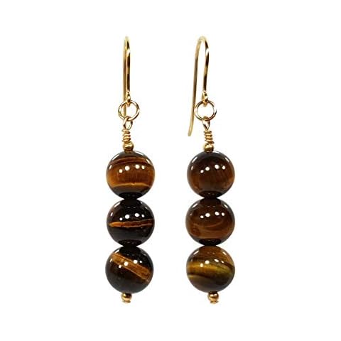 9ct Gold Tiger Eye Earrings, Womens Dangle Drop Jewellery, 8mm Gemstone Beads Cover