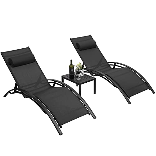 Athlike 3 Pcs Poolchairs Patio Chaise Lounge Set With Headrest, 5-Level Adjustable Sunbathing Tanning Poolside Lounger Recliner Chairs With Side Table For Outdoor Beach (Black, 2 Chairs And 1 Table) #TOP5
