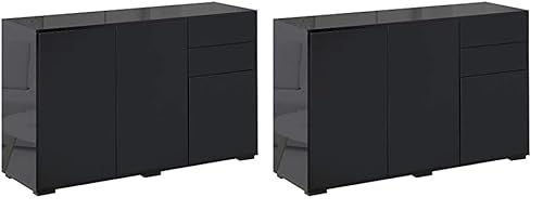 HOMCOM High Gloss Frame Sideboard, Side Cabinet, Push-Open Design with 2 Drawer for Living Room, Bedroom, Black (Pack of 2)