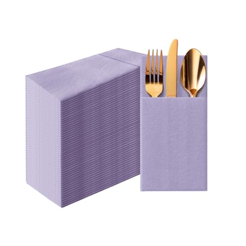 PAW - Linen Feel Napkins with Built-in Flatware Pocket Airlaid Paper Pre-Folded Napkins for Silverware Wedding Party Dinner Birthday Gatherings Monocolor Violet 50 Count