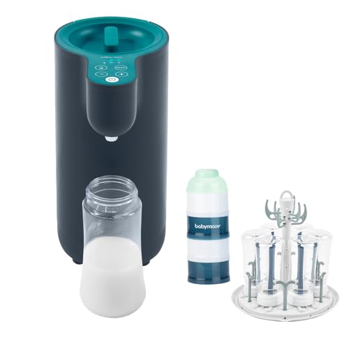 Babymoov Milky Now Flaschenzubereiter für Babys - Temperatureinstellung von 22-85°C, 6 Stunden Warmhaltefunktion + Milchpulver-Portionierer, arctic blue, 4 Fächer + Abtropfständer für Babyflaschen