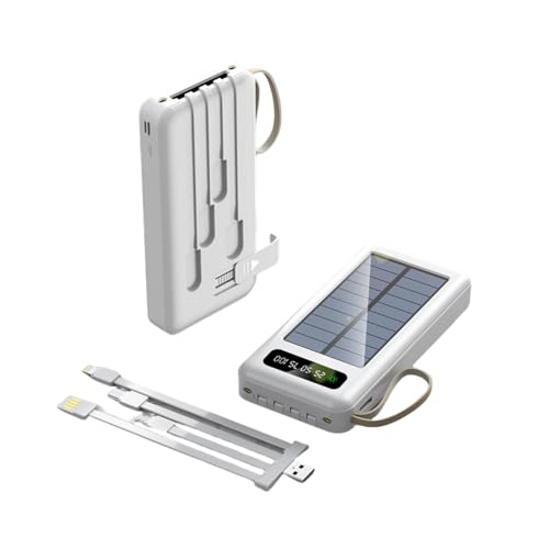 KISUFU Power Bank Solar Inalámbrico de 20000mAh con Manivela y 4 Cables, Batería Externa Cargador Portátil con Lumière flash, Soporte, cuerda colgante para Smartphones, Tabletas (Blanco, 20000mah)