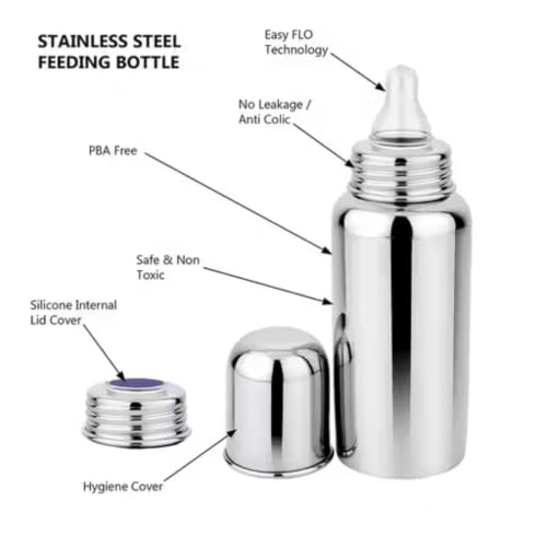 Image of Stainless Steel Baby Feeding Bottle, 250ml, BPA Free, with 3 Silicone Nipples and Cleaning Brush, Anti Colic, for Infants 0-2 Years