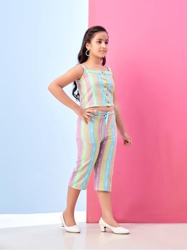 Image of Aarika Girls Casual Wear Pink Colour Stripes Print Cotton Top & Pant With Belt
