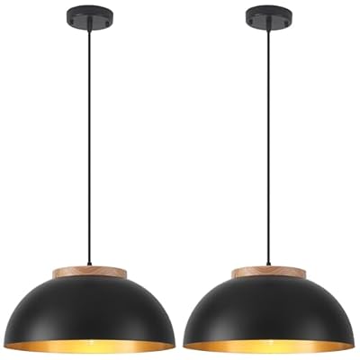 PINDODO Large Pendant Lights, 16" Black Pendant Light for Kitchen Island, Farmhouse Pendant Light Fixtures for Dining Room, Living Room, Bedroom, Bar, Vintage Pendant Lamp with Wooden Holder, 2 Pack