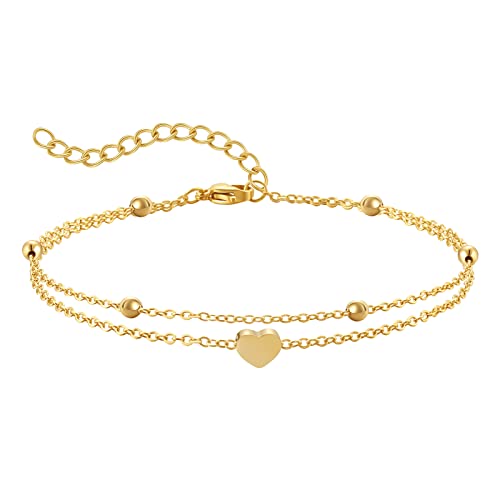 AFSTALR Fußkette Damen Fusskette Edelstahl Herz Layered Anhängern Silber Doppel-Fußkettchen Für Damen Edelstahl Verstellbare Fußschmuck Coin Fußkette Für Damen Gold Cover