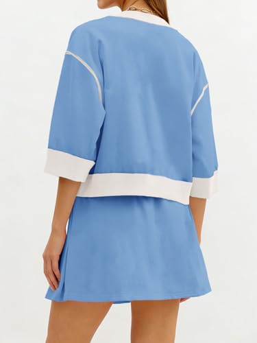 Image of Tankaneo Womens 2 Piece Skirt Sets 3 /4 Sleeve Sweatshirt Lounge Sets | Skort Sets, Color Block, Summer Casual, Matching Sets, Trendy Outfits