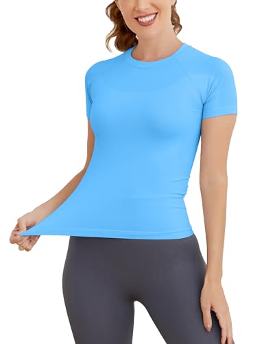 Image of MathCat Short Sleeve Workout Tops for Women, Seamless Women's Compression Shirt, Yoga Running Athletic Shirts Soft Gym Tops