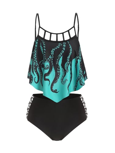 DRESSFO Retro Bikini Sets for Women Two Piece Vintage Bikini Gothic Octopus Print High Waisted Women's Tankini Swimsuits Bathing Suit(Black_100/XL)