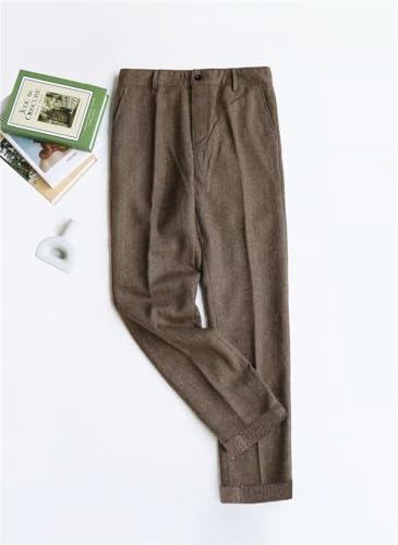 Men's Herringbone Pants Vintage Slim Fit Casual Wool Tweed Flat Front Pants3