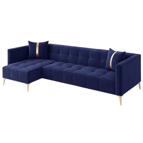 Image of FURNY Styliving 6 Seater Fabric LHS L Shape Sofa Set (Blue) with Golden Finish Legs | Durable & Comfortable | Ideal for Living Room