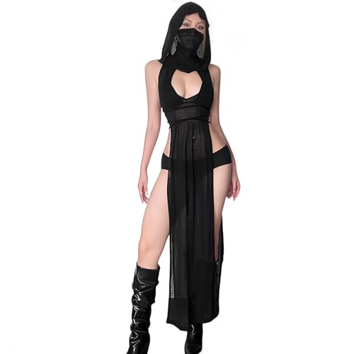 ST.Manrdy Rave Outfits for Women Streetwear High Split Hooded Dress Succubus Sexy Rave Swimsuit Cover UpsM Black