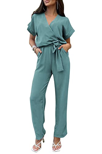 PRETTYGARDEN Women's Jumpsuit Casual Short Sleeve Wrap V Neck Belted Wide Leg Pants (Blue Green,Large)