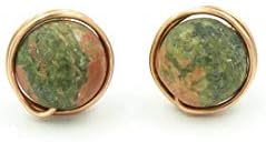 Copper Wrapped Unakite Studs - Natural Stone Earrings - Unakite Posts - Green Stone Earrings - Copper Wire Wrapped Earrings - Green Studs - Bridal Earrings - Bridesmaid Earrings - Wedding Jewelry