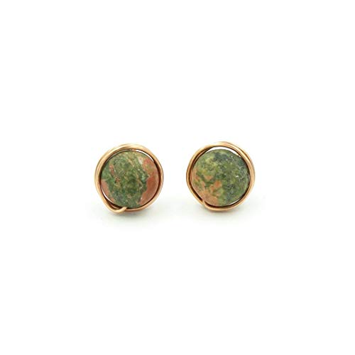 Copper Wrapped Unakite Studs - Natural Stone Earrings - Unakite Posts - Green Stone Earrings - Copper Wire Wrapped Earrings - Green Studs - Bridal Earrings - Bridesmaid Earrings - Wedding Jewelry #TOP22