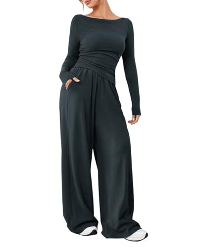 crazy bean Conjunto Deportivo Mujer Invierno Chándales Chandal Mujer Completo Casual Completo Manga Larga 2 Piezas Suave Top Manga Larga Pantalón Pata Ancha para Fitness Jogging Gris Oscuro XL