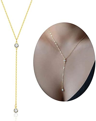 Handmade Lariat Necklace for Women, 18K Gold Plated Dainty Drop Y Chain Necklace Jewelry for Women Girl Gifts with Simulated Diamond，16" to 18" adjustable length (Gold)