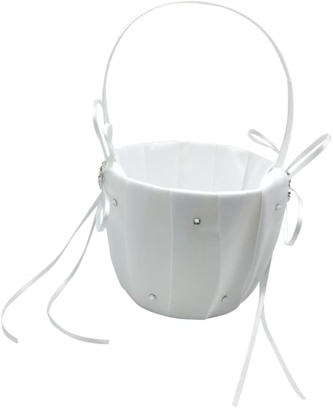 2PC Wedding Flower Girl Basket, White Satin Flower Storage Basket with Heart Buckle Satin Ribbons Hanging Basket for Wedding (White)