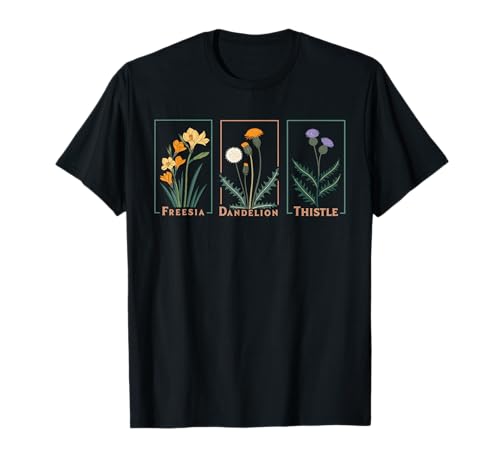 Freesia Dandelion Thistle Botanical Illustration Nature T-Shirt