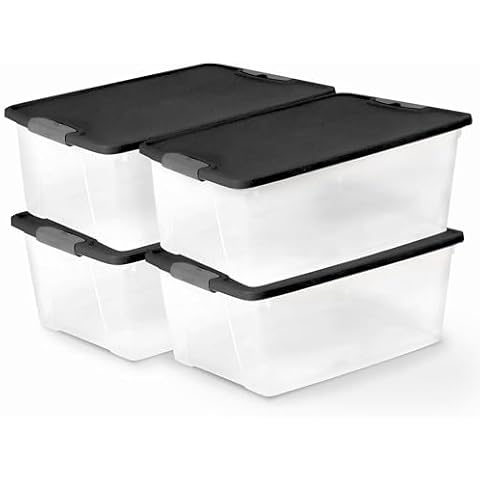 HOMZ 4-Pack Secure Latch, Clear Plastic Storage Organizer Bins, 15 Quart, Gray Lid - Stackable Container Boxes for Bedroom, Bathroom, Garage, and Office Organization Cover