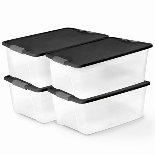 HOMZ 4-Pack Secure Latch, Clear Plastic Storage Organizer Bins, 15 Quart, Gray Lid - Stackable Container Boxes for Bedroom, Bathroom, Garage, and Office Organization