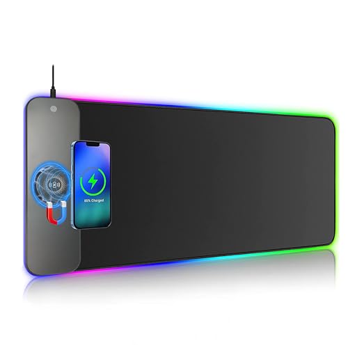 RGB Mouse Pad  15W, LED Light Mouse Pad with 10 Light Modes, Extra Large Mousepad 800x305mm Non-Slip Rubber Computer Keyboard Mat for Gaming,MacBook,PC,Laptop,Desk - HANLUCK Magnetic Wireless Charging