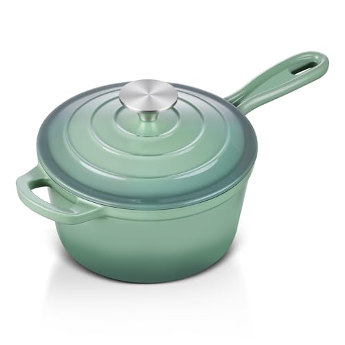 Leonyo Stielkasserolle aus emailliertem Gusseisen mit Deckel, Stielkasserolle aus emailliertem Gusseisen, Dutch Oven für alle Herdarten zum Kochen von Suppe, Milch – bis zu 260 °C und 2 kg