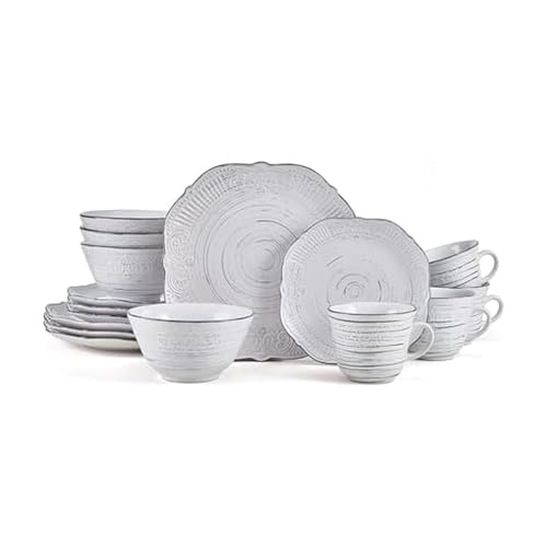 Image of Pfaltzgraff Isabella 16-Piece Stoneware Dinnerware Set, Service for 4 - Handpainted Unique Glazed Finish - Includes Dinner Plates, Salad Plates, Bowls, Mugs - Dishwasher & Microwave Safe (Gray)