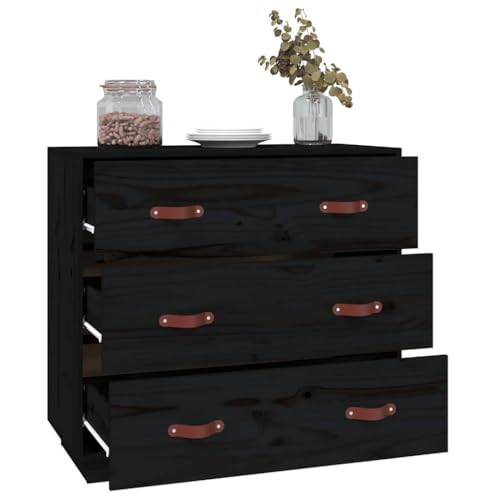 Aparador negro de pino macizo con 3 cajones y diseño robusto de 80x40x75 cm 8