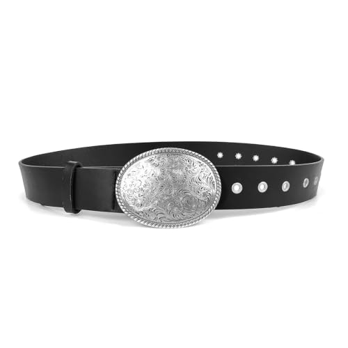 Ceinture en cuir noir femme premium à boucle argentée robuste et détails cloutés rock western