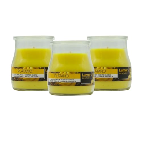 Home Universal® Pack de 3/6/12 Velas Aromáticas en Vaso de Cristal Reciclable LUMAR AROMATIC – 24h de Duración por Vela – Cera Vegetal Perfumada – Fabricadas en España (Plátano, 3 Unidades)