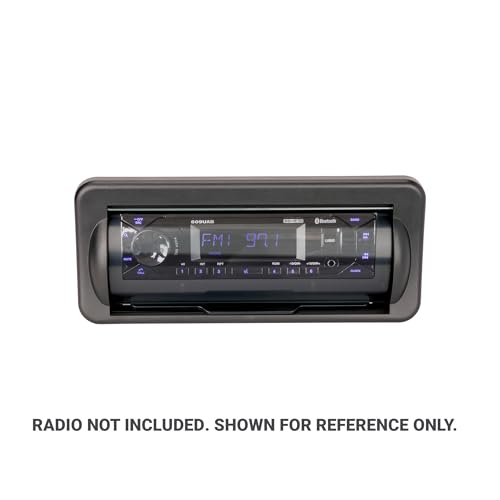 Image of Scosche ACM5B Universal Marine Radio Cover - Water Resistant Boat Dash Radio Protector Shield with Spring Loaded Flip-Up Retractable Door, Single DIN Marine Stereo Kit - Durable Boat Accessory - Black