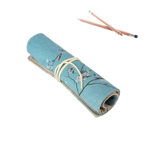 Cyrank Astuccio Arrotolabile, Astuccio con Fodera in Lino, Cinturino in Velluto di Pelle di Daino per Collezionare matite, Stile Antico Cinese(Fiore)