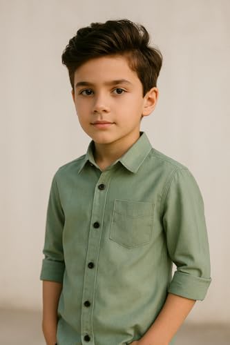 Image of Boys Kids Light Green Cotton Shirt, Long Roll-Up Sleeves, Party, Age 2-10 Years
