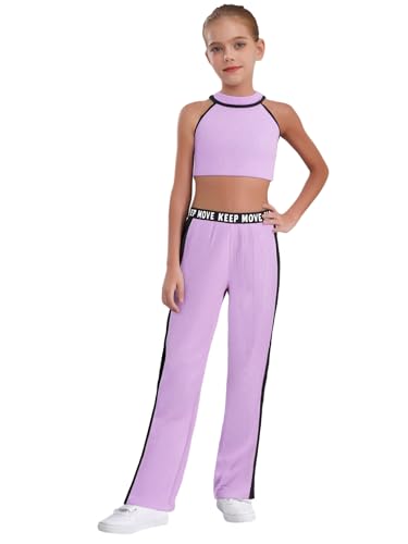 Kids Girls 2Pcs Sports Set Contrast Color Yoga Dance Outfit Ribbed Vest Crop Top and Pants Set