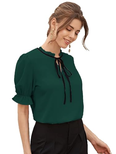 Image of Stylistico Soft Polyester Formal Stylish tie-up Office Solid Western Summer Short v-Neck Casual Plain Puff Half Sleeves Tops for Women Latest