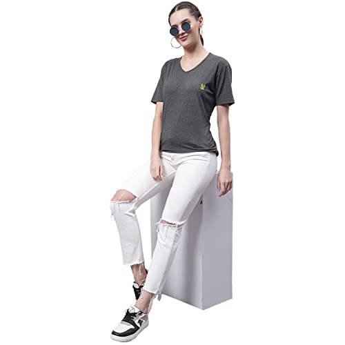 Image of Mack Jonney Women V Neck Cotton Solid Regular Fit T-Shirt-V Anthraa 001-P