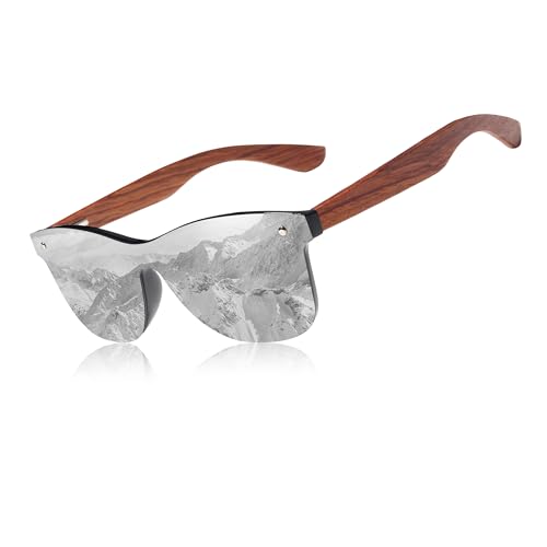 KINGSEVEN Wooden Sunglasses Polarized UV 400 Protection Mirrored Lenses Ultra Light Bubinga Frame B-5504 (Silver)