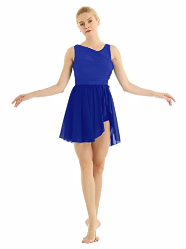 Foto von iEFiEL Damen Ballettkleid Tanzkleid mit Asymmetrisch Rock Wickelrock Tango Latein Kleider Leotard Ballettanzug Trikot Tanz-Body Gr. XS S M L XL Royal Blau XL