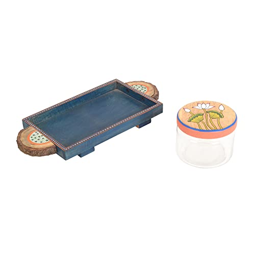 Image of AAKRITI ART CREATIONS Pichhwai Leela Snacks Storage Jars and Tray | Handcrafted Pichhwai Art Storage Jars | Kitchen Decoration Items Stylish Tray & Jars | Airtight Kitchen Containers with Tray