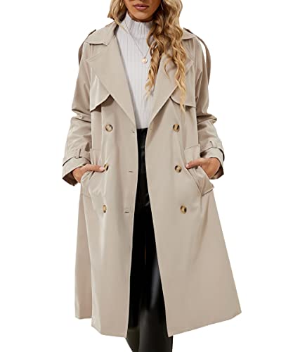 Fangetey Women's Double Breasted Classic Long Trench Coat Lapel Slim Casual Waterproof Overcoat With Belt Beige Medium #TOP4