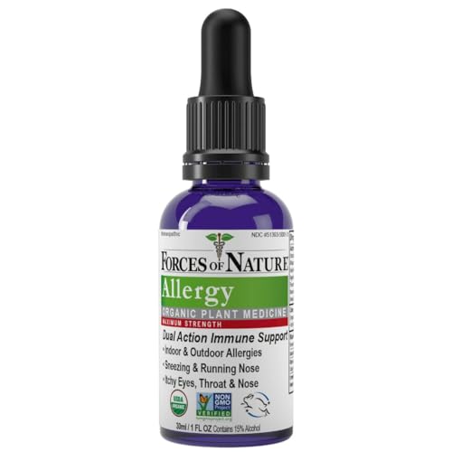 Forces of Nature Natural Allergy Relief for Adults, Maximum Strength Non Drowsy Drops, Organic Homeopathic Medicine for Allergies, Runny Nose, Itchy Eyes, Throat and Mouth Irritation, 1 FL OZ