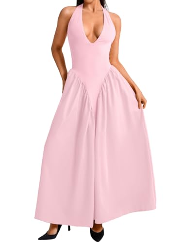 Image of ChiaoLezhee Deep V Neck Dress, Halter Maxi Dresses, Vacation Date Night, Sexy for Women Corset Flowy Wedding Guest Drop Waist