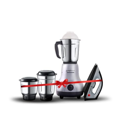 Image of DigiSmart 750W Mixer Grinder with 3 Stainless Steel Kitchen Mate Jars & 1150W Dry Iron Combo | Wet & Dry Grinding | Teflon Soleplate Iron | 2 Years Warranty | Grey & Black