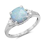 MAX + STONE Cushion Cut Created Opal Three Stone Ring for Women in 10k White Gold with Created White Sapphire Accents and October Birthstone Size 7
